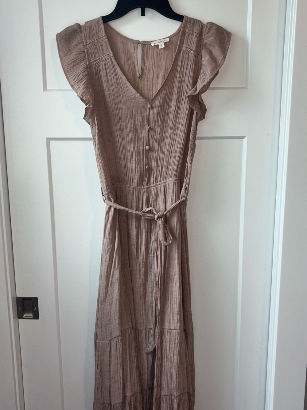 Blu Pepper Taupe Maxi Dress with Button Front and Tie Waist